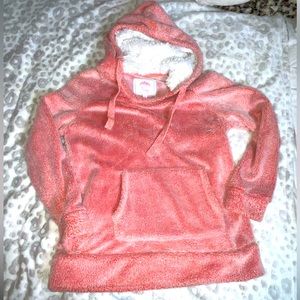 Plush pink &white pullover hoodie with pocket Youth girls S 14/18 cozy sweater